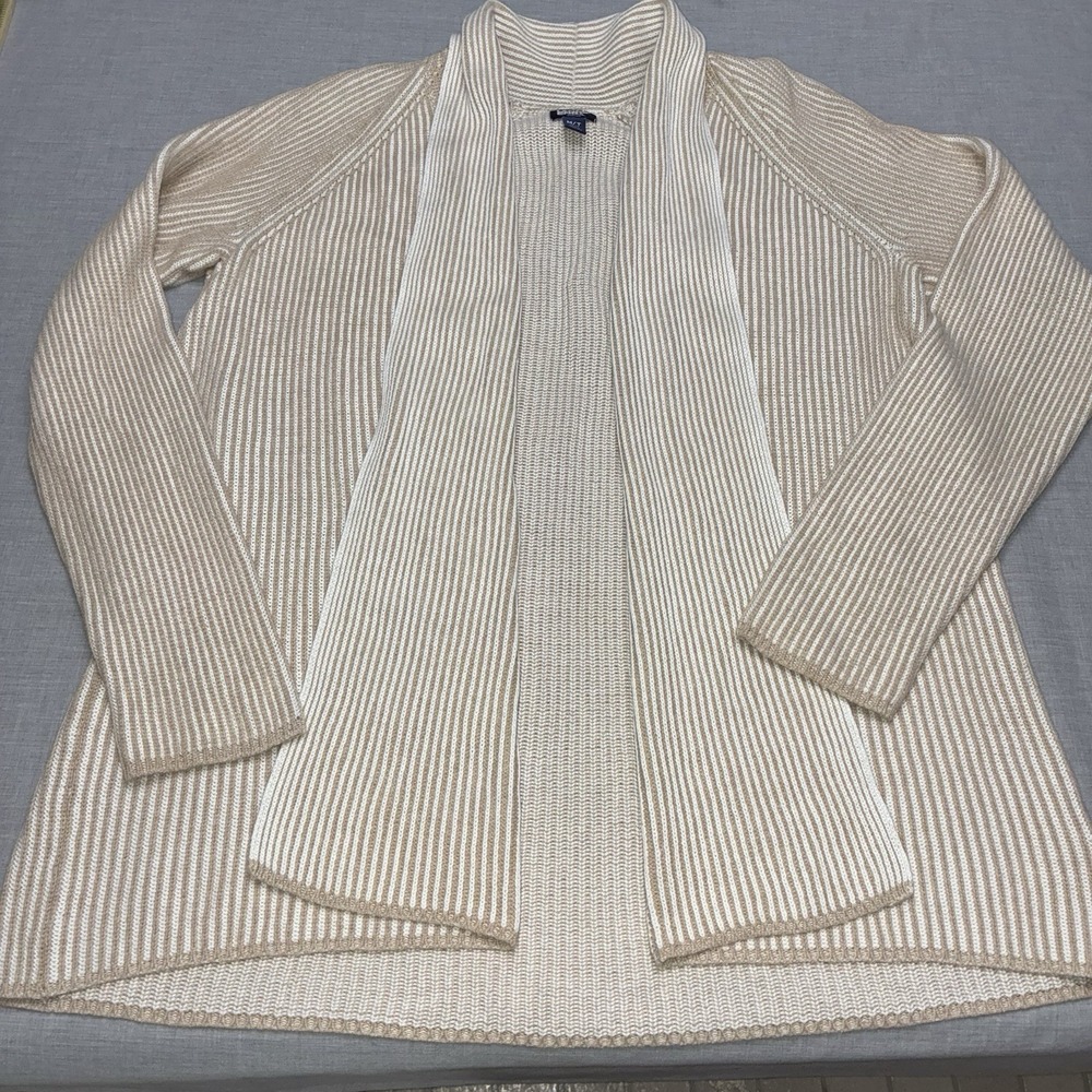 Lands' End Drifter Cardigan Womens Medium Tall Beige Striped Open Front Sweater